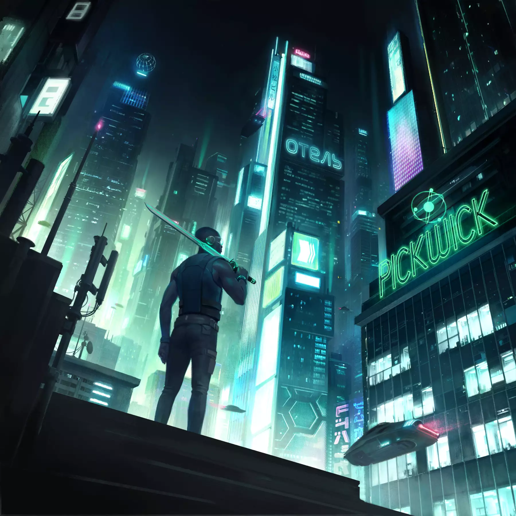 A shadowy figure carrying a sword stands on a rooftop gazing out at a futuristic cityscape.