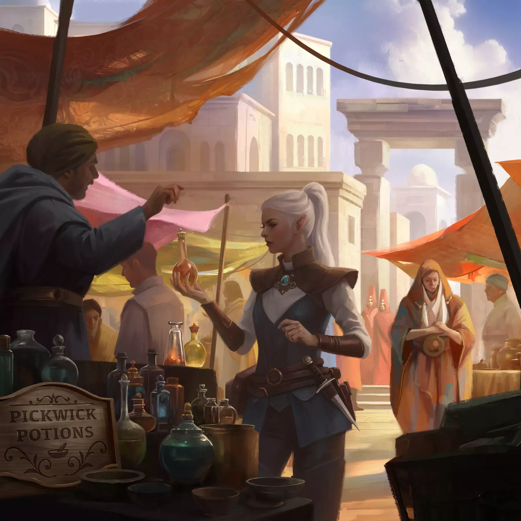 An elven adventurer browses a potion stall and haggles with the proprietor.