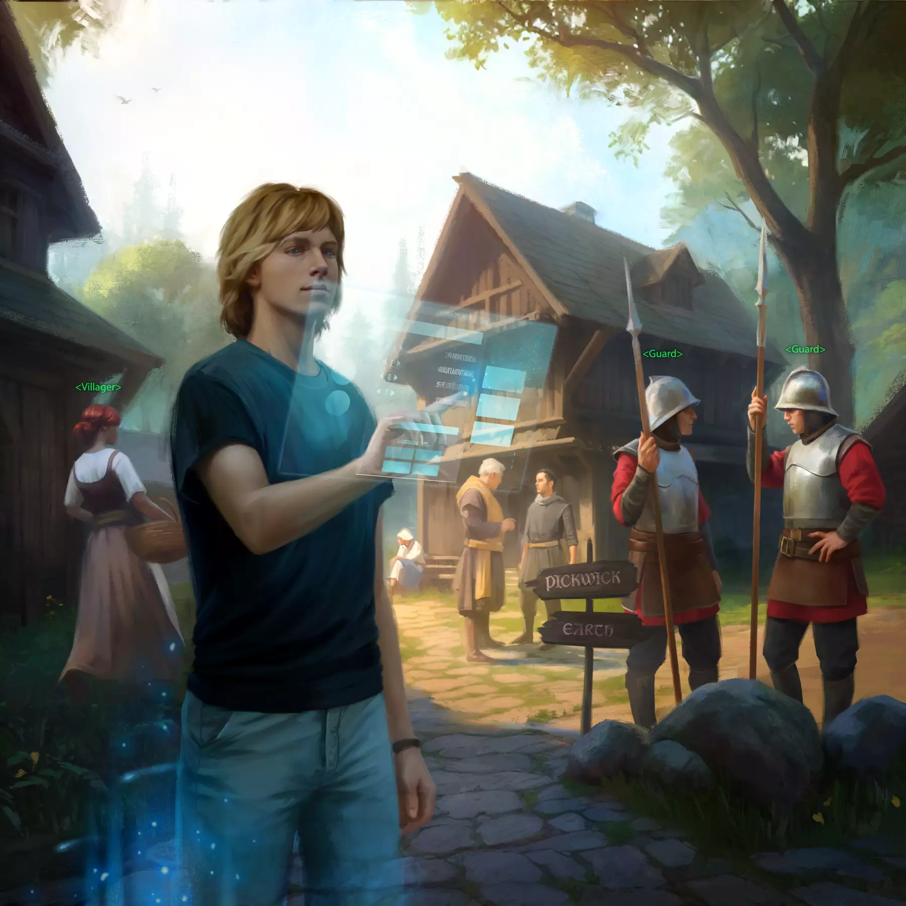 A young man wearing modern clothes standing in a fantasy village interacts with a floating futuristic configuration screen in front of him.